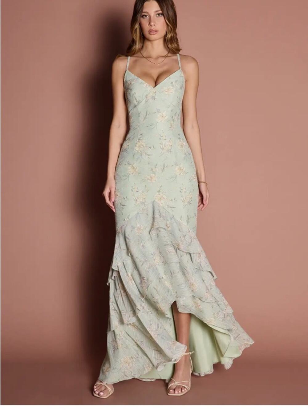 NWT Azazie Atelier Mint Green Floral Maxi Dress Bridesmaid Kamille Size 0